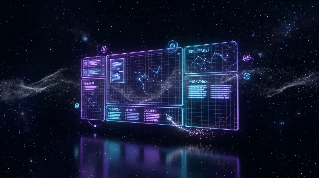 A holographic website interface built from glowing light wireframes in space
